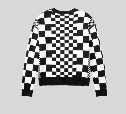 Black Checkered Print Drop Shoulder Round Neck Sweater