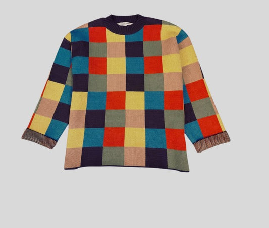 MULTI COLOR BLOCKED CHECKER KNIT SWEATER