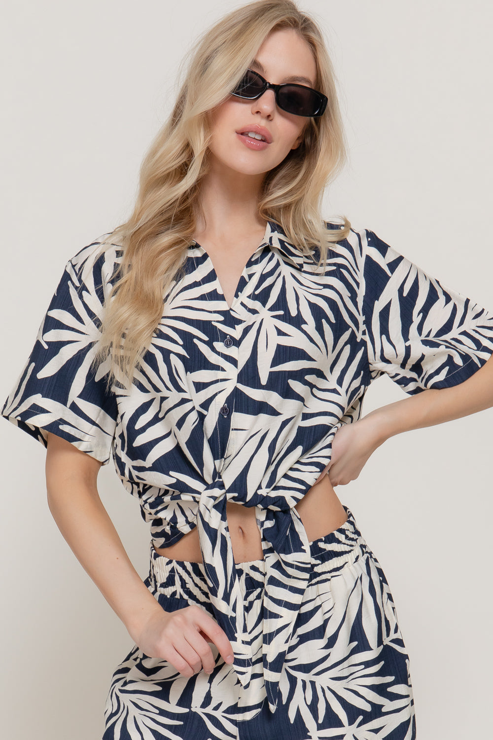 Navy Hawaiian Floral Front Tie Button-Up Shirt