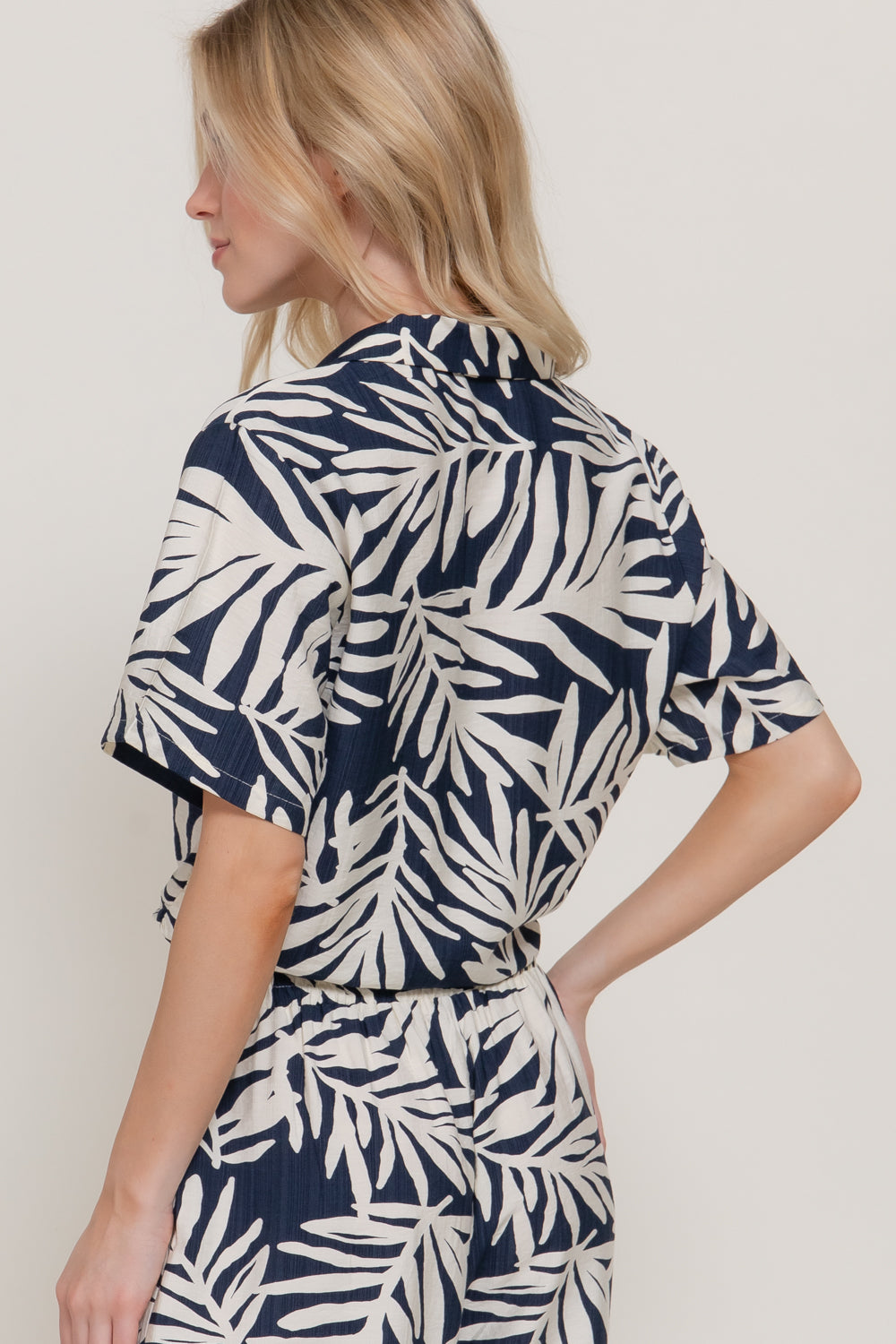 Navy Hawaiian Floral Front Tie Button-Up Shirt