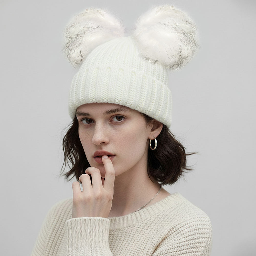 White Double Pom Pom Knit Beanie Hat
