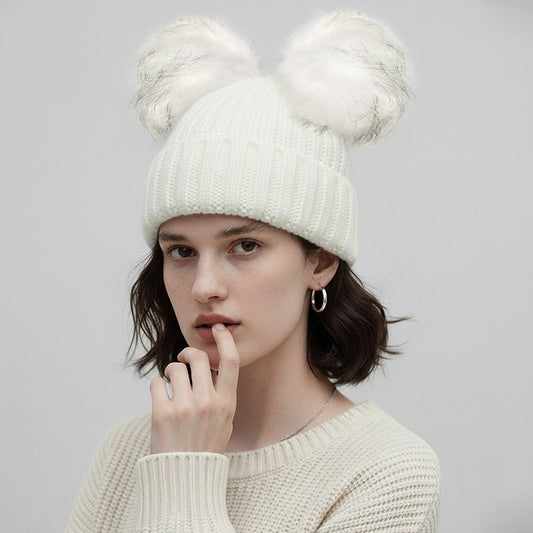White Double Pom Pom Knit Beanie Hat