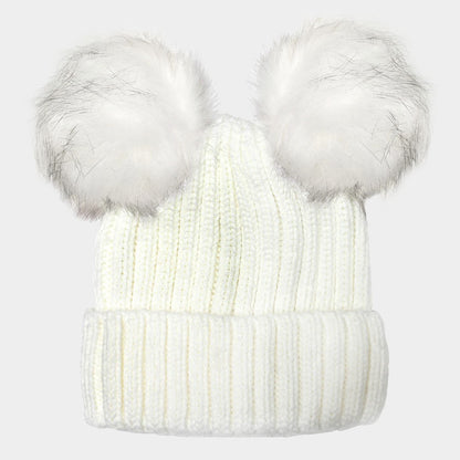 White Double Pom Pom Knit Beanie Hat