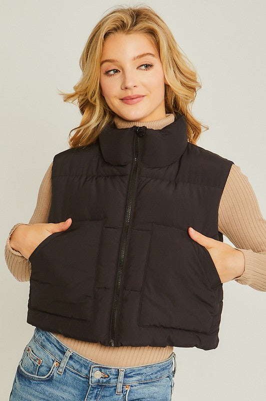 Black Puffer Vest With Pockets