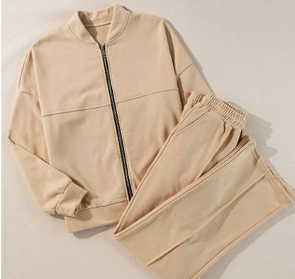 Apricot Solid Seamed Zipper Jacket and Drawstring Waist Pants Set