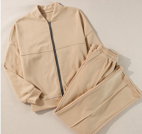 Apricot Solid Seamed Zipper Jacket and Drawstring Waist Pants Set