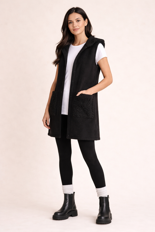 Black Faux Suede Hooded Vest