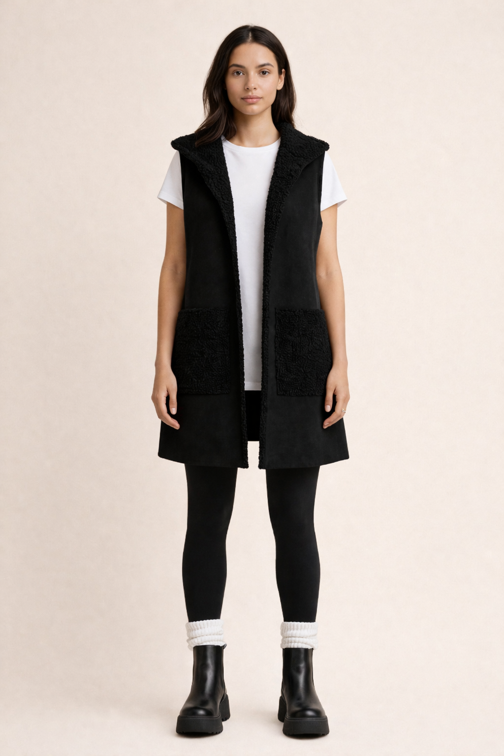 Black Faux Suede Hooded Vest