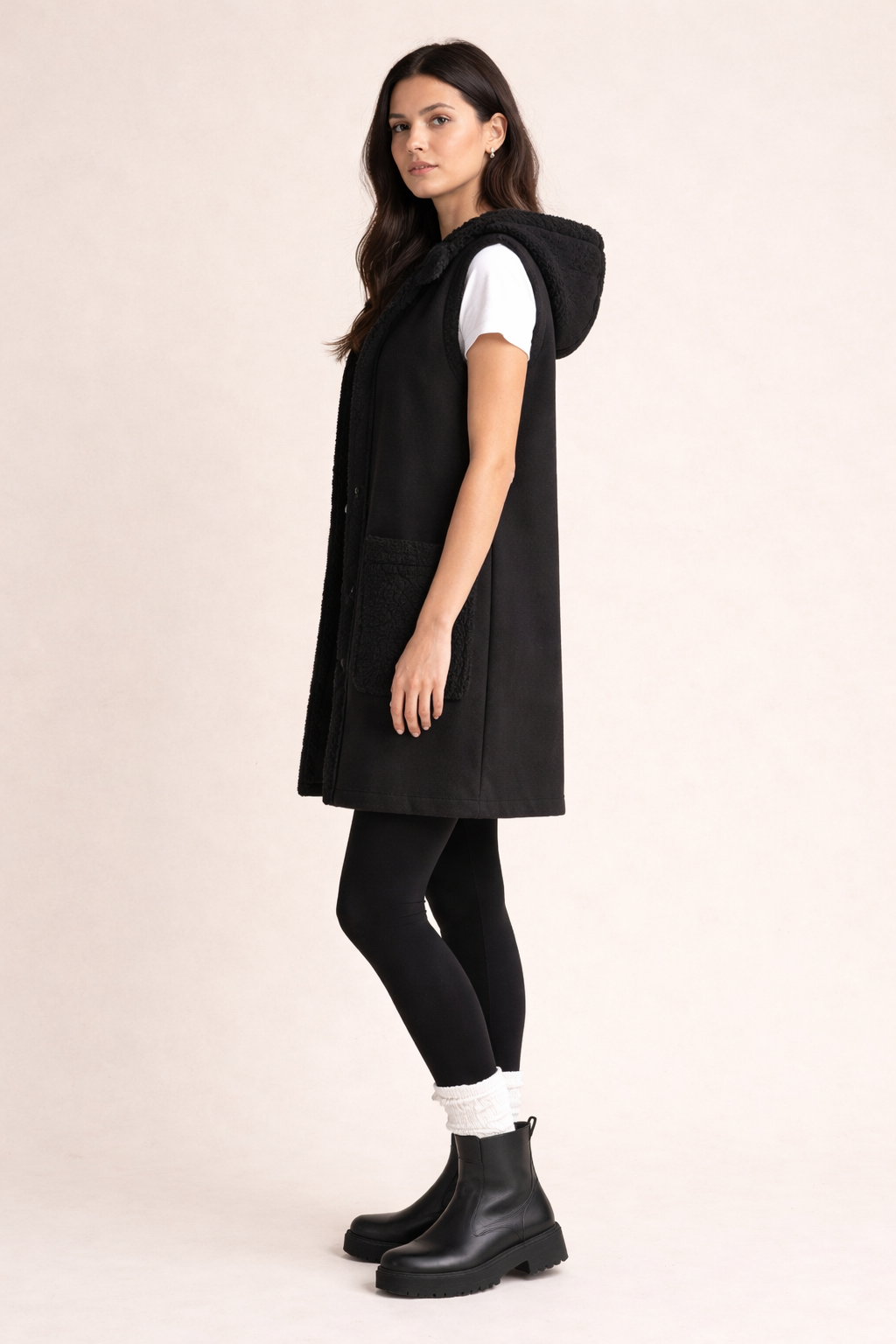 Black Faux Suede Hooded Vest