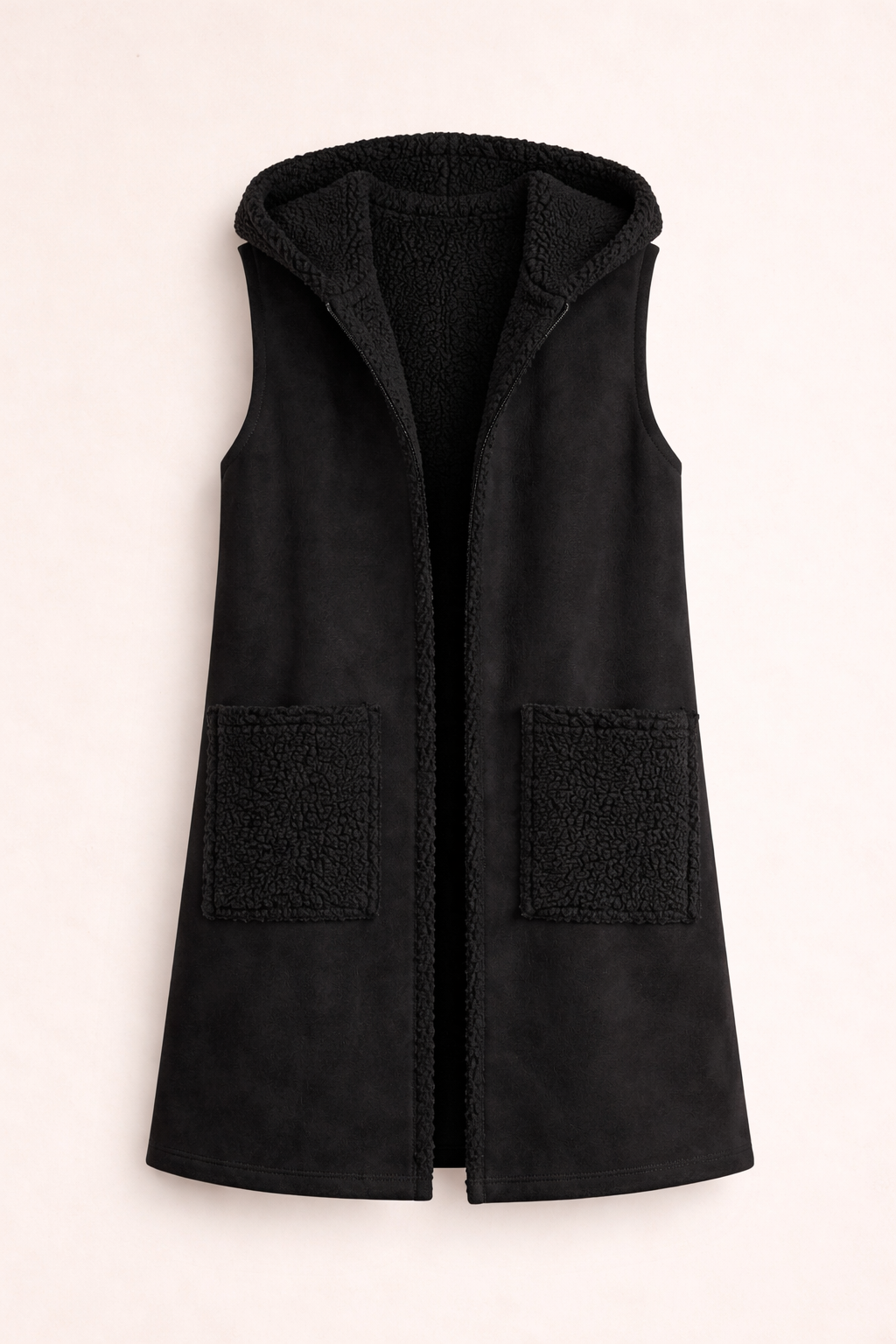 Black Faux Suede Hooded Vest