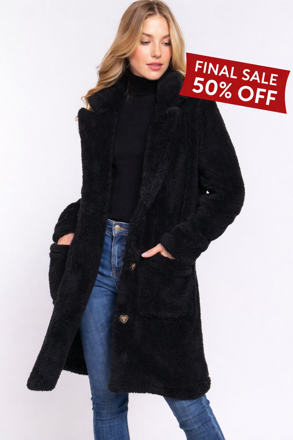 Long Sleeve Notched Collar Patch Pocket Sherpa Coat Black