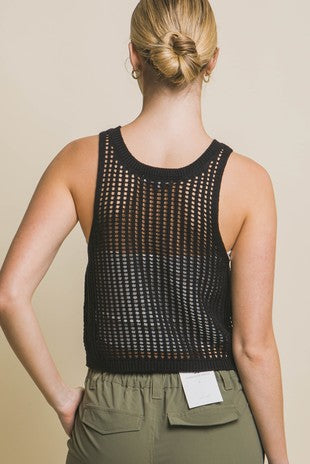 Black Sleeveless Open Knit Crop Top