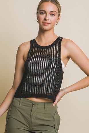Black Sleeveless Open Knit Crop Top