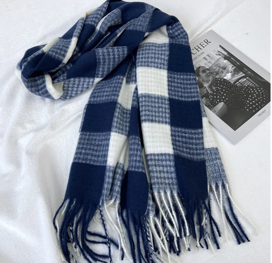 Plaid Navy Blue & White Scarf