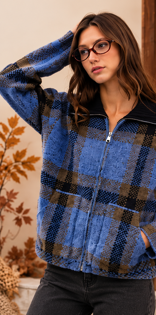 Plaid Knitted Sweater Jacket