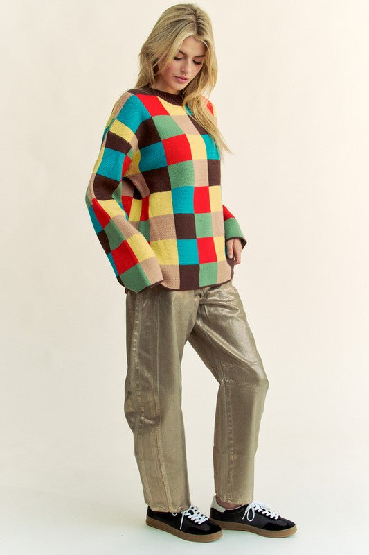 MULTI COLOR BLOCKED CHECKER KNIT SWEATER