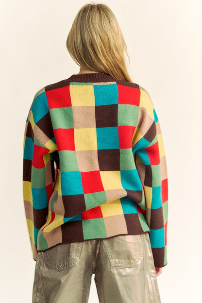 MULTI COLOR BLOCKED CHECKER KNIT SWEATER