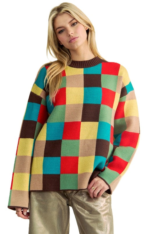 MULTI COLOR BLOCKED CHECKER KNIT SWEATER