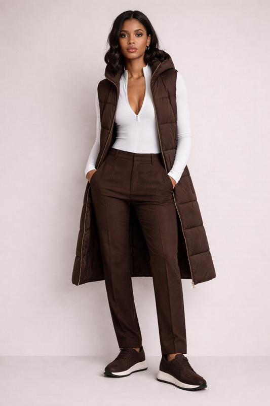 Brown Hooded Long Puffer Vest