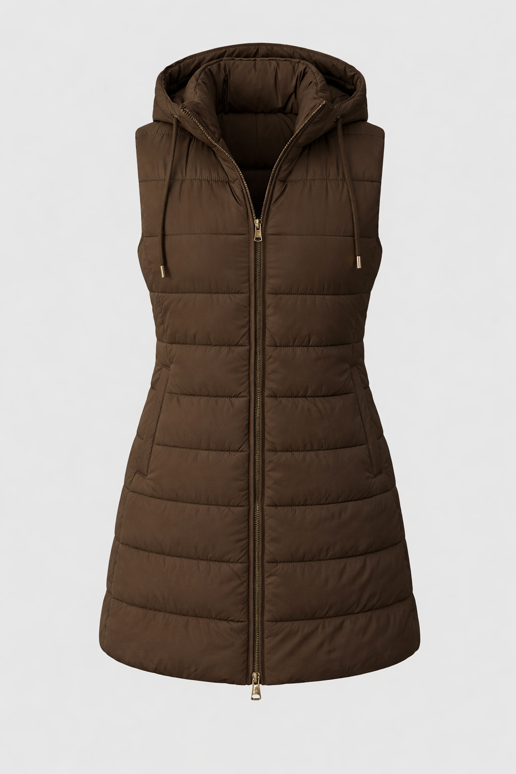 Brown Hooded Long Puffer Vest