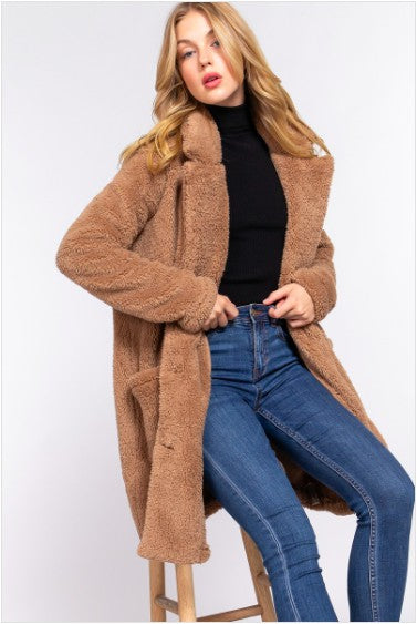 Long Sleeve Notched Collar Patch Pocket Sherpa Coat Camel