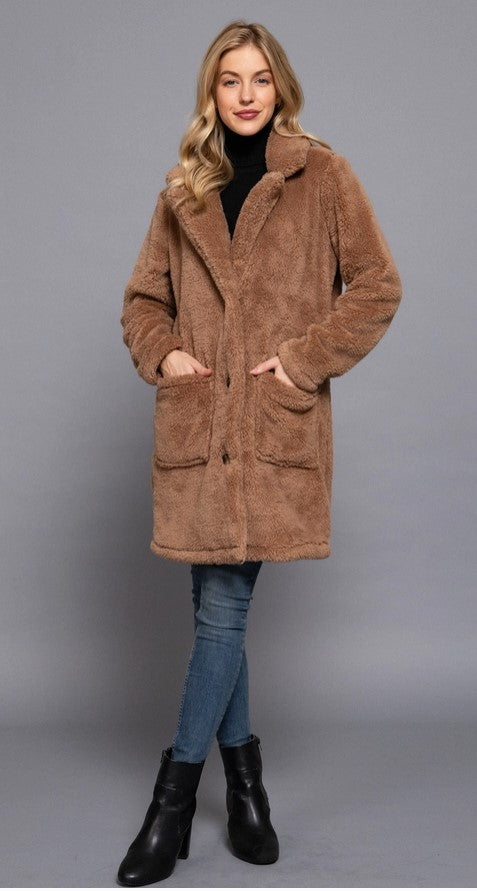Long Sleeve Notched Collar Patch Pocket Sherpa Coat Camel