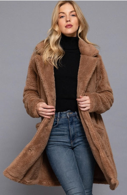 Long Sleeve Notched Collar Patch Pocket Sherpa Coat Camel