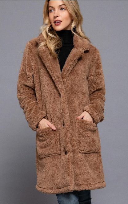 Long Sleeve Notched Collar Patch Pocket Sherpa Coat Camel