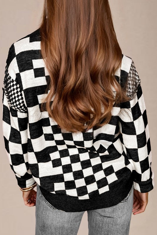 Black Checkered Print Drop Shoulder Round Neck Sweater