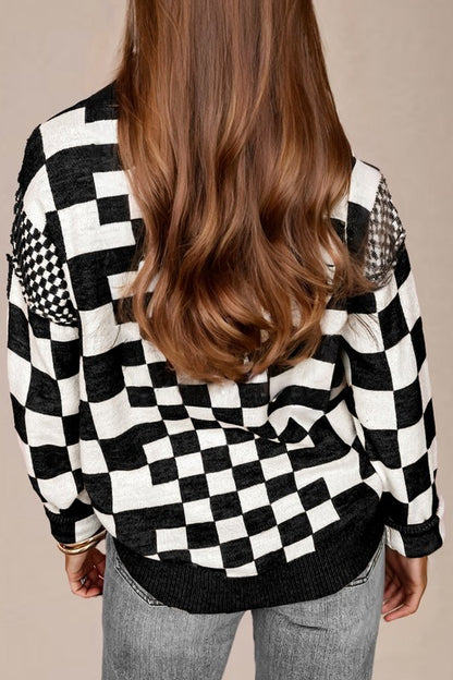 Black Checkered Print Drop Shoulder Round Neck Sweater