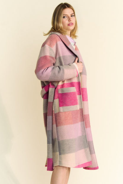 FUZZY MULTI-COLOR BLOCK CHECKER MIDI COAT