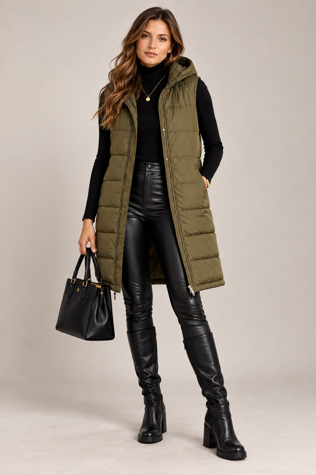 Green Long Hooded Puffer Vest