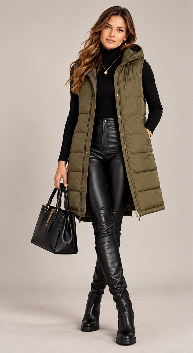 Green Long Hooded Puffer Vest