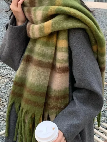 Green, Brown, Yellow and Beige Plaid Scarf
