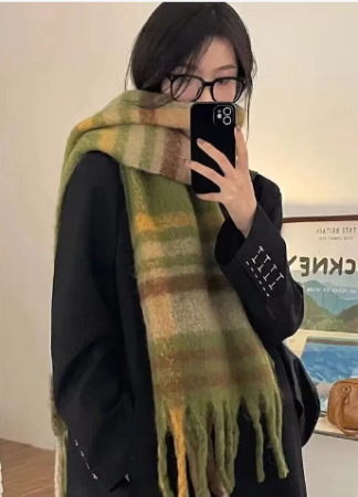 Green, Brown, Yellow and Beige Plaid Scarf