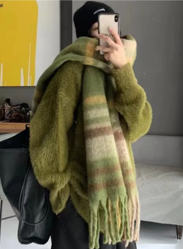 Green, Brown, Yellow and Beige Plaid Scarf