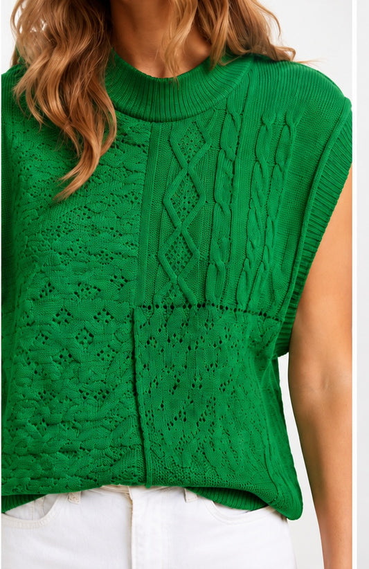 Bright Green Cable Knit Dolman Armholes Sweater Tank