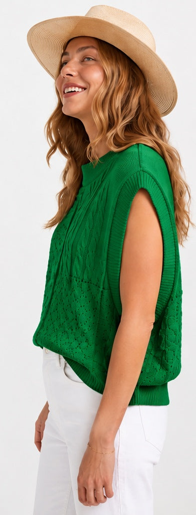 Bright Green Cable Knit Dolman Armholes Sweater Tank