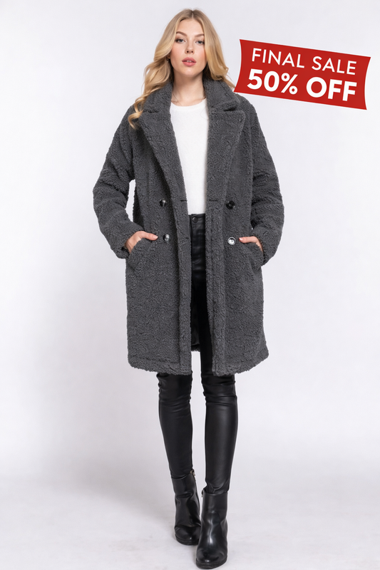 Charcoal Long Sleeve Double Breasted Faux Fur Teddy Coat