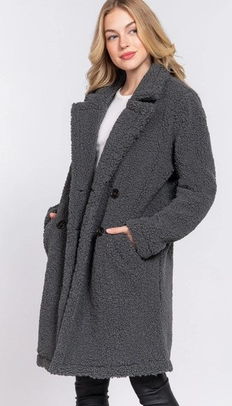 Charcoal Long Sleeve Double Breasted Faux Fur Teddy Coat