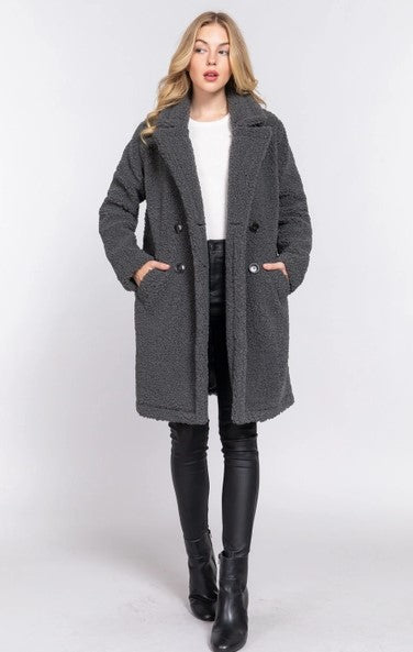 Charcoal Long Sleeve Double Breasted Faux Fur Teddy Coat