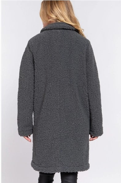 Charcoal Long Sleeve Double Breasted Faux Fur Teddy Coat