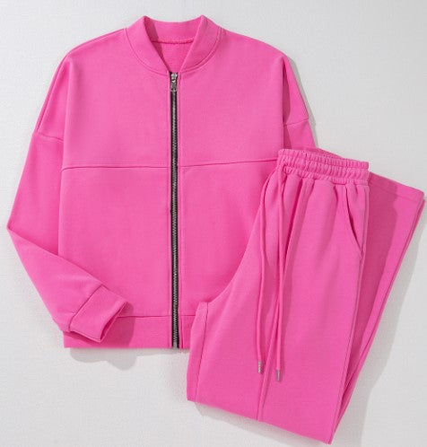 Bright Pink Solid Seamed Zipper Jacket and Drawstring Waist Pants Set