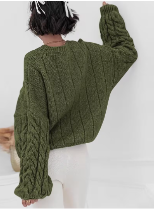 Military Green Cable Knit Long Sleeve Sweater