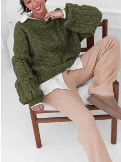 Military Green Cable Knit Long Sleeve Sweater