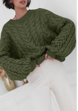 Military Green Cable Knit Long Sleeve Sweater