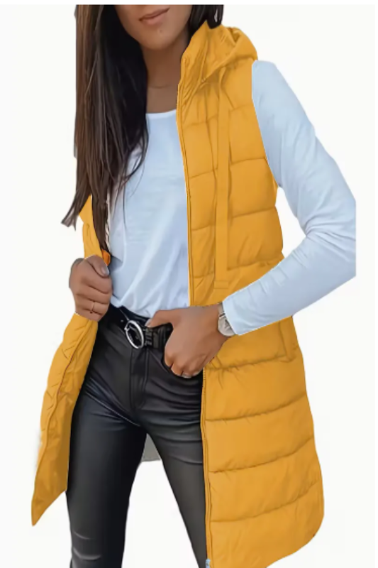 Mustard Hooded Long Puffer Vest