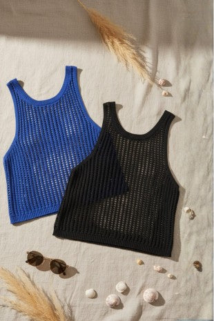 Blue Sleeveless Open Knit Crop Top