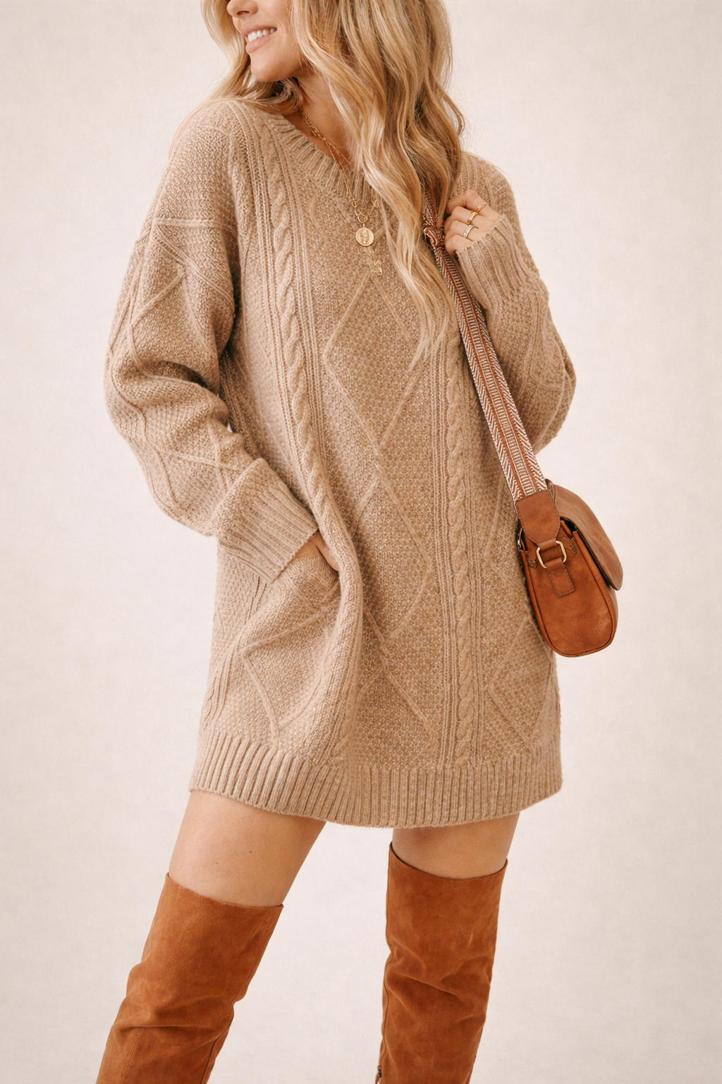 Parchment (Beige) Cable Knit Sweater Dress