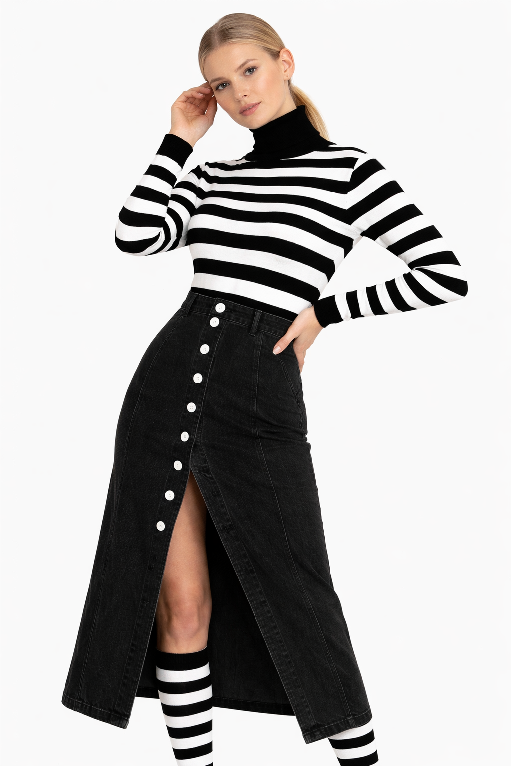 Black Button Fly Denim Skirt